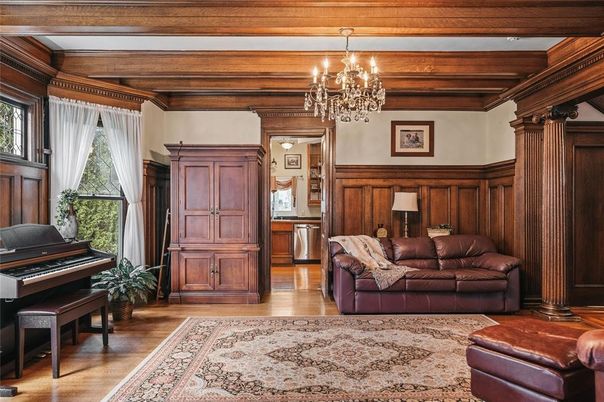 Chandelier, Interior, Living room, Piano, Wooden Beams, Wood Texture Flooring