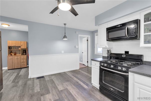 Interior, Kitchen, Pendant Lights, Stainless Steel Appliances, Wood Texture Flooring