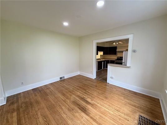 Empty room, Interior, Kitchen, Recessed Lighting, Wood Texture Flooring