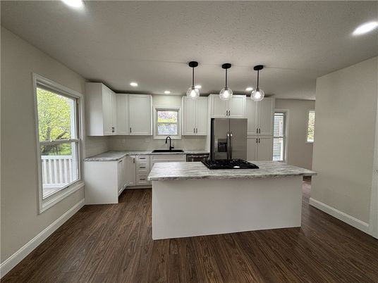 Interior, Kitchen, Pendant Lights, Recessed Lighting, Wood Texture Flooring