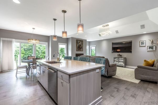 Dining room, Interior, Kitchen, Living room, Pendant Lights, Recessed Lighting, Wood Texture Flooring