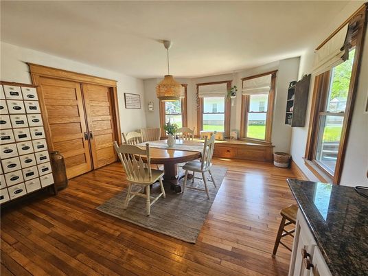 Dining room, Interior, Pendant Lights, Wood Texture Flooring