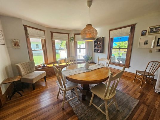 Dining room, Interior, Pendant Lights, Wood Texture Flooring