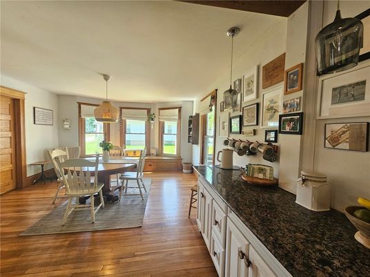 Dining room, Interior, Pendant Lights, Wood Texture Flooring