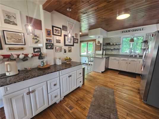Interior, Kitchen, Pendant Lights, Wooden Ceilings, Wood Texture Flooring