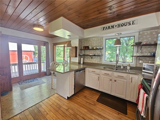 Interior, Kitchen, Pendant Lights, Wooden Ceilings, Wood Texture Flooring
