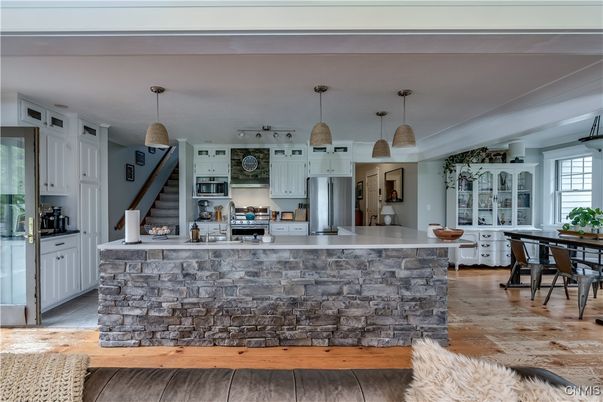 Dining room, Interior, Kitchen, Pendant Lights, Stainless Steel Appliances, Wood Texture Flooring