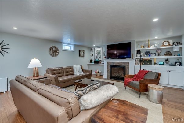 Fireplace, Interior, Living room, Recessed Lighting, Wood Texture Flooring