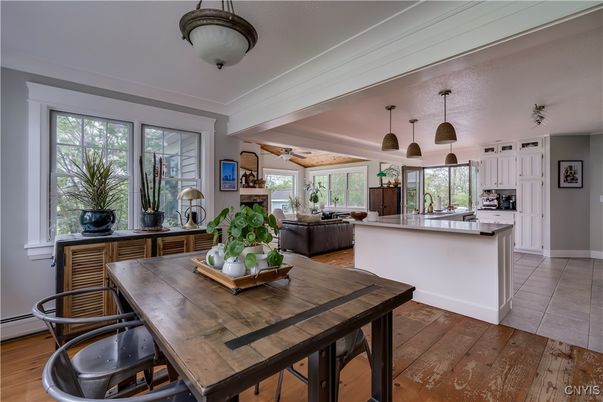 Dining room, Interior, Kitchen, Living room, Pendant Lights, Wood Texture Flooring