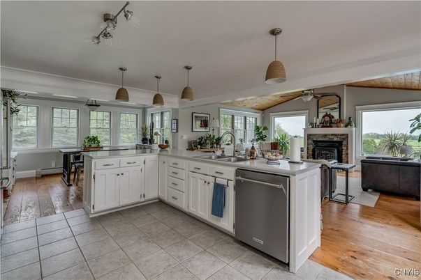 Fireplace, Interior, Kitchen, Pendant Lights, Wood Texture Flooring