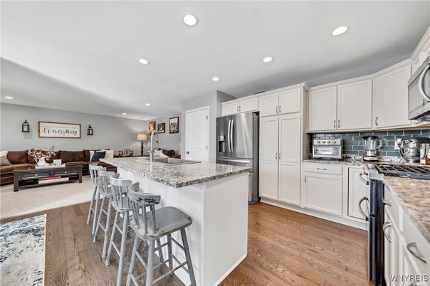 Interior, Kitchen, Living room, Recessed Lighting, Stainless Steel Appliances, Wood Texture Flooring