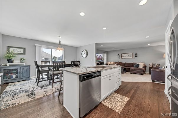 Dining room, Interior, Kitchen, Living room, Pendant Lights, Recessed Lighting, Wood Texture Flooring