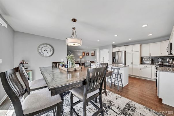 Dining room, Interior, Kitchen, Recessed Lighting, Stainless Steel Appliances, Wood Texture Flooring