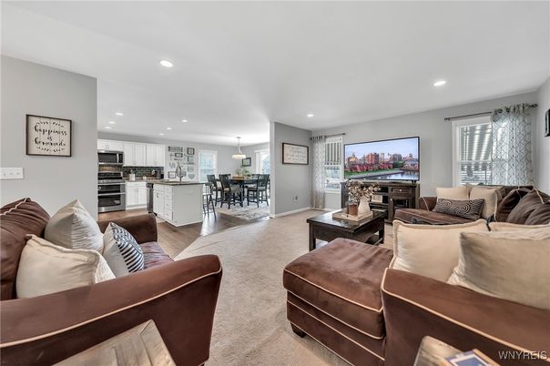 Dining room, Interior, Kitchen, Living room, Pendant Lights, Recessed Lighting, Stainless Steel Appliances, Wood Texture Flooring