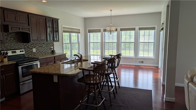 Chandelier, Interior, Kitchen, Recessed Lighting, Stainless Steel Appliances, Wood Texture Flooring