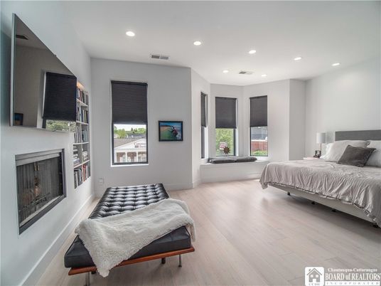 Bedroom, Fireplace, Interior, Recessed Lighting, Wood Texture Flooring