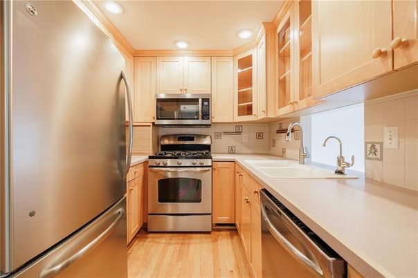 Interior, Kitchen, Recessed Lighting, Stainless Steel Appliances, Wood Texture Flooring