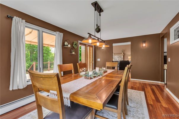 Dining room, Interior, Pendant Lights, Wood Texture Flooring