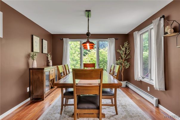 Dining room, Interior, Pendant Lights, Wood Texture Flooring