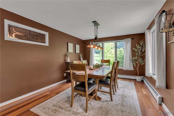 Dining room, Interior, Pendant Lights, Wood Texture Flooring