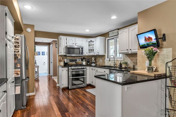 Interior, Kitchen, Recessed Lighting, Stainless Steel Appliances, Wood Texture Flooring