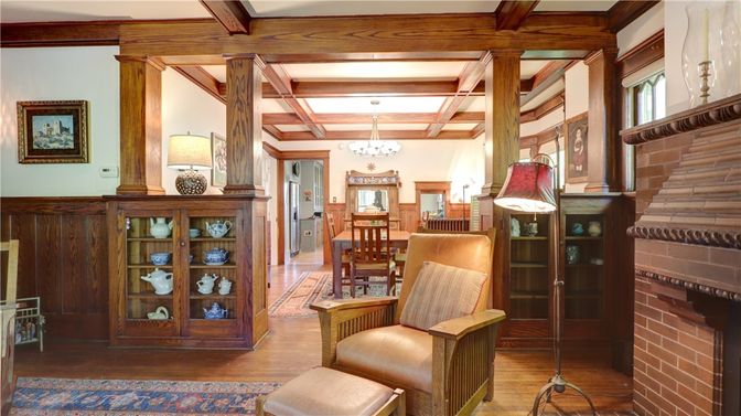 Chandelier, Dining room, Fireplace, Interior, Recessed Lighting, Stone Walls, Wooden Beams, Wood Texture Flooring