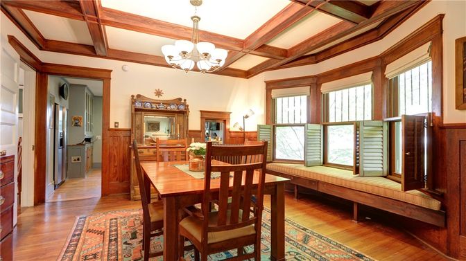Chandelier, Dining room, Interior, Wooden Beams, Wood Texture Flooring