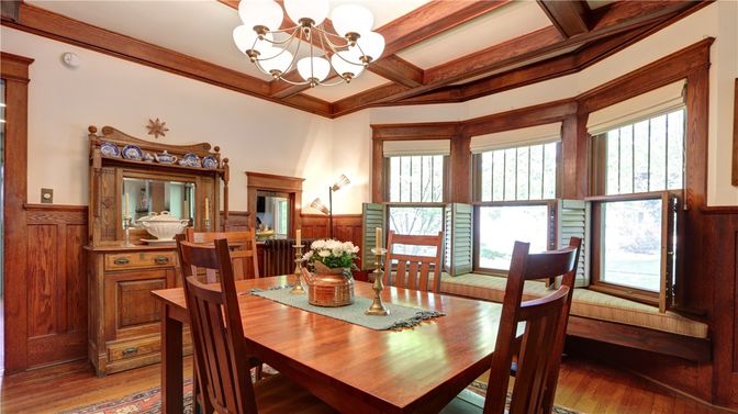 Chandelier, Dining room, Interior, Wooden Beams, Wood Texture Flooring