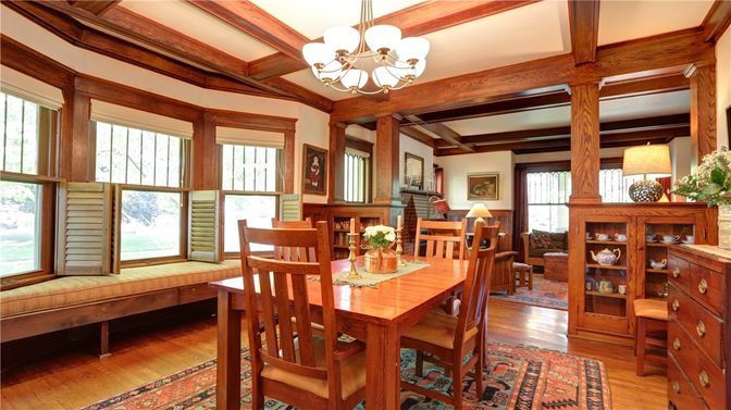 Chandelier, Dining room, Interior, Wooden Beams, Wood Texture Flooring