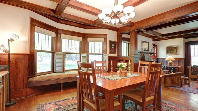 Chandelier, Dining room, Fireplace, Interior, Wooden Beams, Wood Texture Flooring