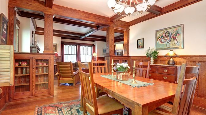 Chandelier, Dining room, Interior, Wooden Beams, Wood Texture Flooring