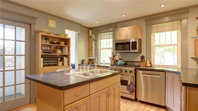 Interior, Kitchen, Recessed Lighting, Stainless Steel Appliances, Wood Texture Flooring
