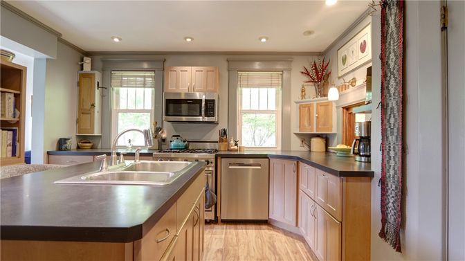 Interior, Kitchen, Recessed Lighting, Stainless Steel Appliances, Wood Texture Flooring