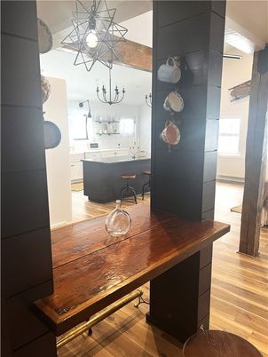 Chandelier, Home Office, Interior, Wooden Beams, Wood Texture Flooring