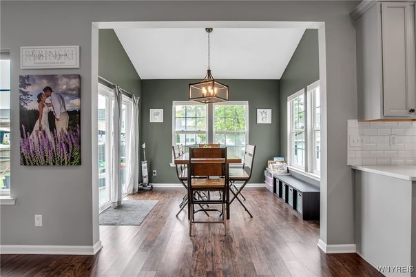 Dining room, Interior, Pendant Lights, Wood Texture Flooring