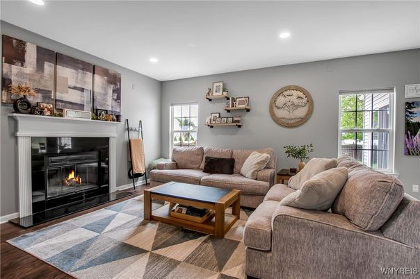Fireplace, Interior, Living room, Recessed Lighting, Wood Texture Flooring