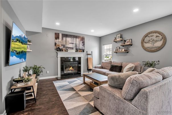 Fireplace, Interior, Living room, Recessed Lighting, Wood Texture Flooring