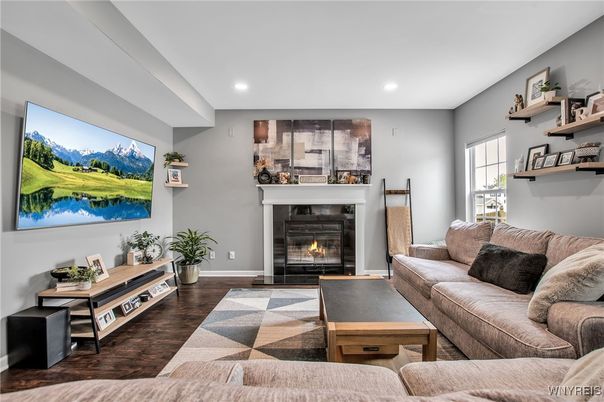 Fireplace, Interior, Living room, Recessed Lighting, Wood Texture Flooring