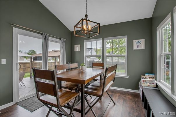 Dining room, Interior, Pendant Lights, Wood Texture Flooring