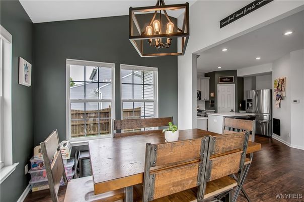 Dining room, Interior, Kitchen, Recessed Lighting, Stainless Steel Appliances, Wood Texture Flooring