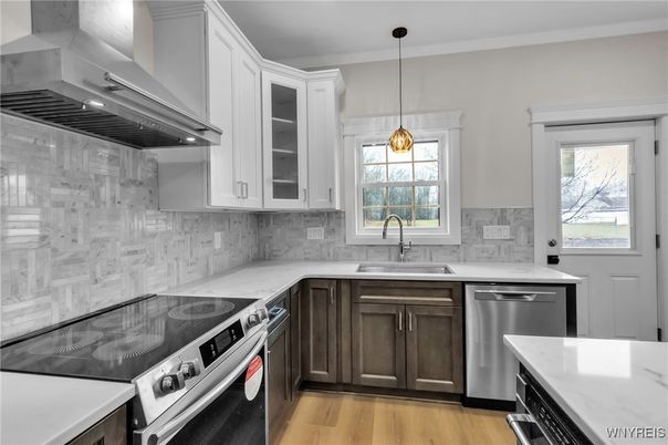 Interior, Kitchen, Pendant Lights, Stainless Steel Appliances, Wood Texture Flooring