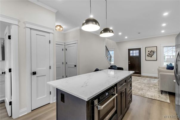Interior, Kitchen, Pendant Lights, Recessed Lighting, Wood Texture Flooring