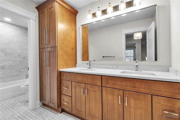 Bathroom, Dual Sink Vanities, Interior, Marble Walls, Recessed Lighting