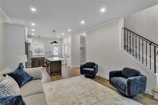 Interior, Kitchen, Living room, Pendant Lights, Recessed Lighting, Wood Texture Flooring