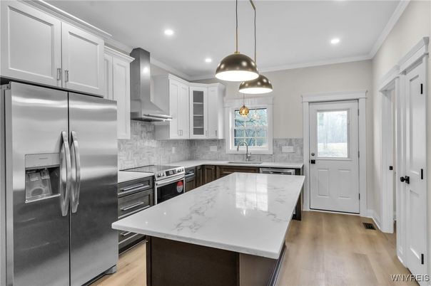 Interior, Kitchen, Pendant Lights, Recessed Lighting, Stainless Steel Appliances, Wood Texture Flooring