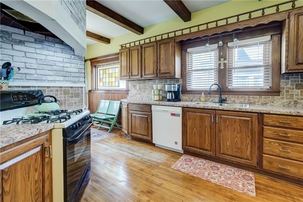 Interior, Kitchen, Stone Walls, Wooden Beams, Wood Texture Flooring