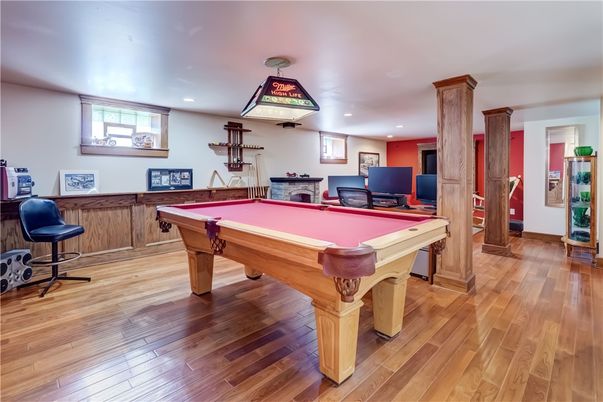 Billiard Table, Fireplace, Game Room, Interior, Recessed Lighting, Wood Texture Flooring