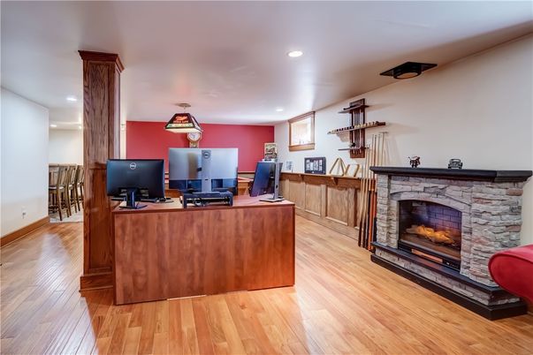 Fireplace, Home Office, Interior, Recessed Lighting, Wood Texture Flooring