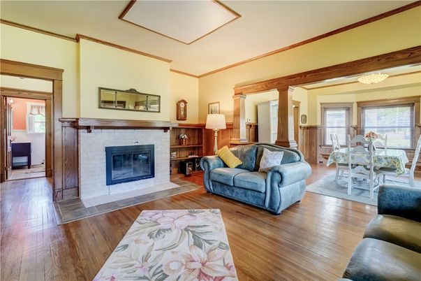 Dining room, Fireplace, Interior, Living room, Wood Texture Flooring