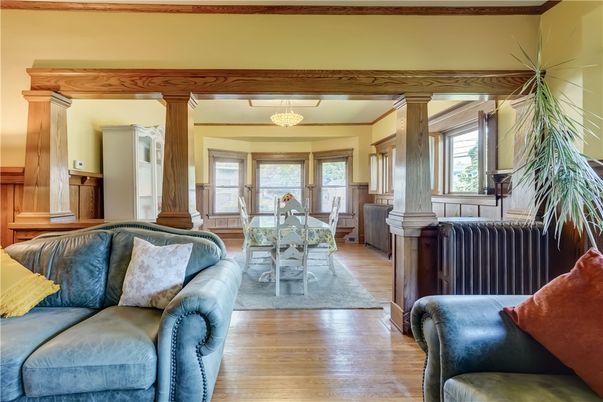 Chandelier, Dining room, Fireplace, Interior, Living room, Wood Texture Flooring
